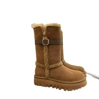 Ghete de iarnă pentru femei din piele de vițel, căptușite cu lână și blană reală, talpă groasă, vârf rotund