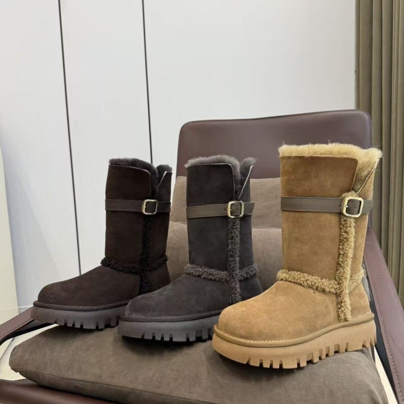 Ghete de iarnă pentru femei din piele de vițel, căptușite cu lână și blană reală, talpă groasă, vârf rotund