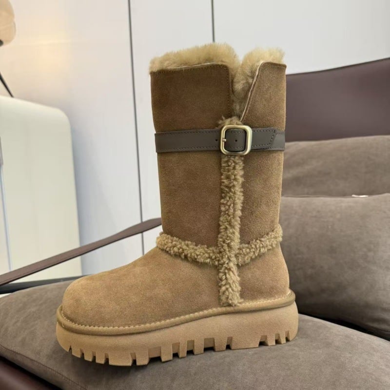 Ghete de iarnă pentru femei din piele de vițel, căptușite cu lână și blană reală, talpă groasă, vârf rotund