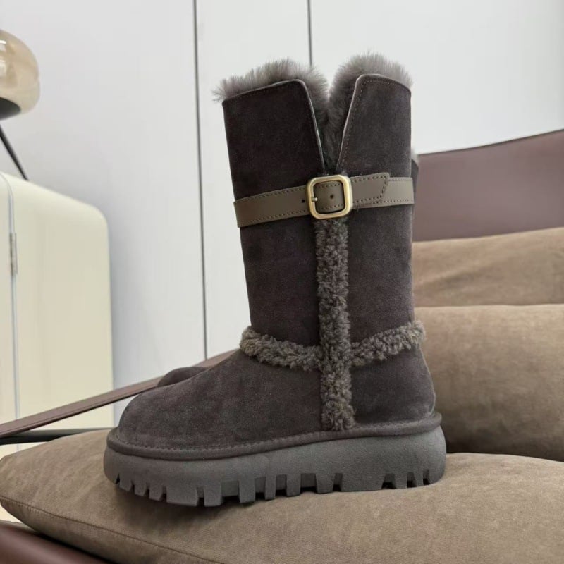 Ghete de iarnă pentru femei din piele de vițel, căptușite cu lână și blană reală, talpă groasă, vârf rotund