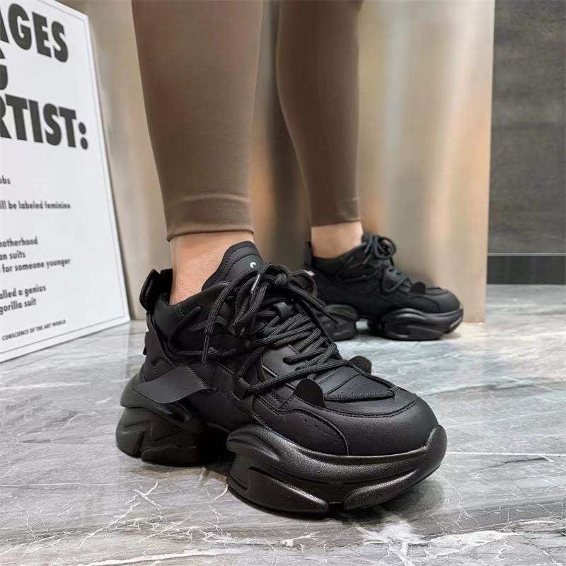 Γυναικείες ψηλές αθλητικές με παχιά σόλα για αύξηση ύψους, επάνω μέρος από split δέρμα, PU σόλα, κορδόνια, εσωτερικός λατέξ πάτος