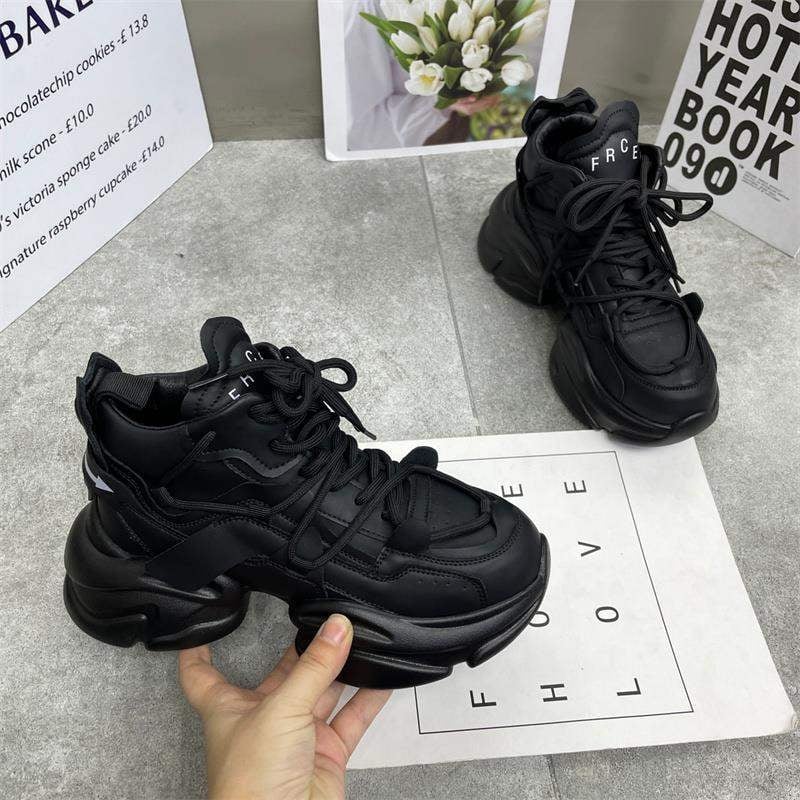 Γυναικείες ψηλές αθλητικές με παχιά σόλα για αύξηση ύψους, επάνω μέρος από split δέρμα, PU σόλα, κορδόνια, εσωτερικός λατέξ πάτος