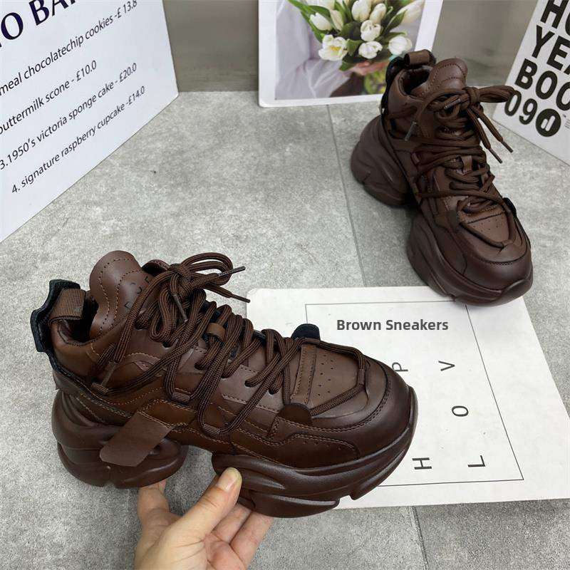 Dámske vysoké tenisky s hrubou podrážkou pre zvýšenie výšky, horná časť z deleného kože, PU podrážka, šnurovanie, latexová stielka