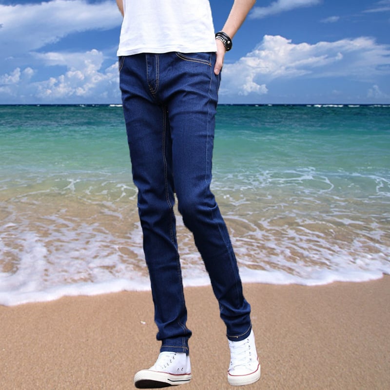Koreai stílusú nyári férfi farmernadrág, laza szabású, bokáig érő hossz, 60% pamut elasztikus denim