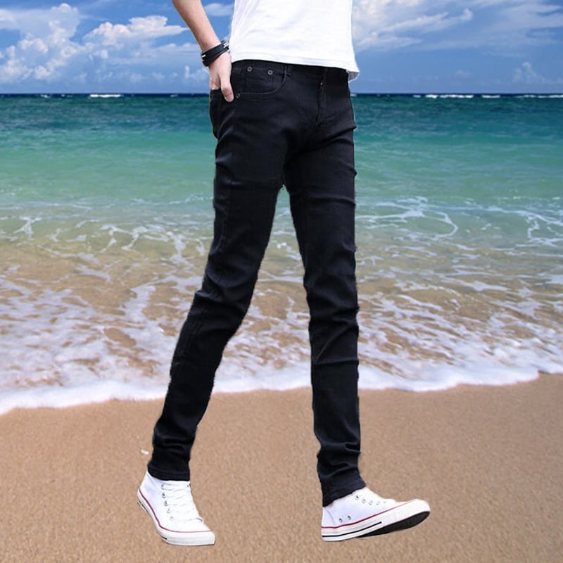 Koreai stílusú nyári férfi farmernadrág, laza szabású, bokáig érő hossz, 60% pamut elasztikus denim