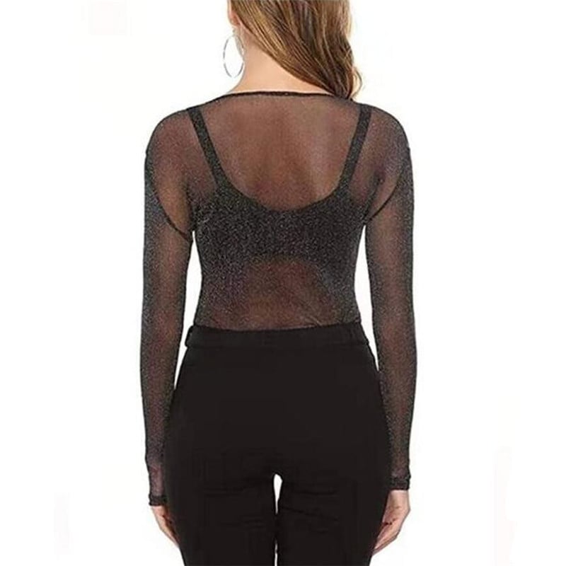 Tencel Blend hálós felső, hosszú ujjú, kerek nyak, Slim-fit, Off-Shoulder Európa-Amerika stílus