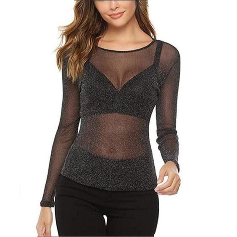 Tencel Blend hálós felső, hosszú ujjú, kerek nyak, Slim-fit, Off-Shoulder Európa-Amerika stílus