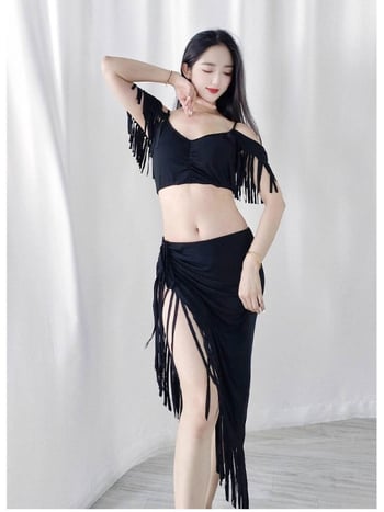 Modal anyagú hastánc gyakorló ruházat, szakadt csíkokkal és kézzel készített bojtokkal — elegáns stílus, >95% modal