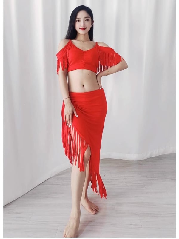 Modal anyagú hastánc gyakorló ruházat, szakadt csíkokkal és kézzel készített bojtokkal — elegáns stílus, >95% modal