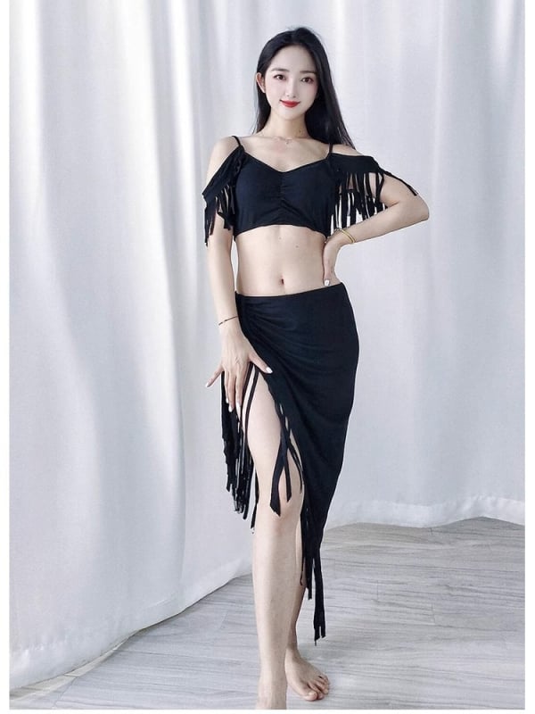 Modal anyagú hastánc gyakorló ruházat, szakadt csíkokkal és kézzel készített bojtokkal — elegáns stílus, >95% modal