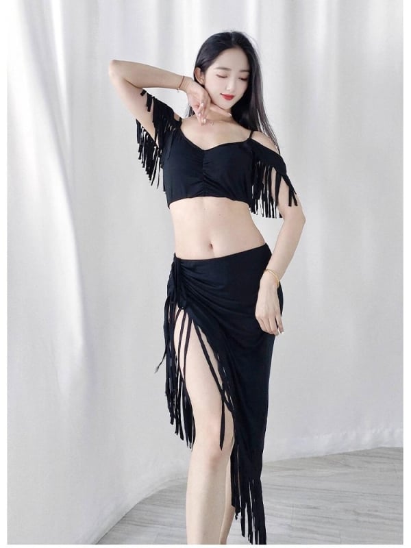 Modal anyagú hastánc gyakorló ruházat, szakadt csíkokkal és kézzel készített bojtokkal — elegáns stílus, >95% modal