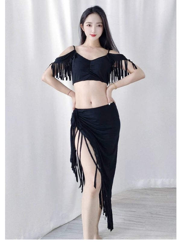 Modal anyagú hastánc gyakorló ruházat, szakadt csíkokkal és kézzel készített bojtokkal — elegáns stílus, >95% modal