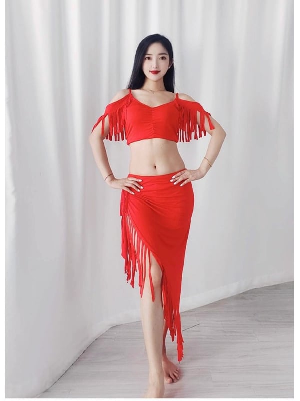 Modal anyagú hastánc gyakorló ruházat, szakadt csíkokkal és kézzel készített bojtokkal — elegáns stílus, >95% modal