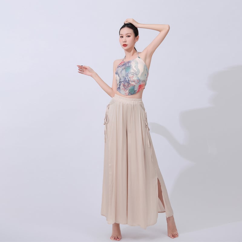 Hálózatos nyakú top és széles nadrág – táncruházat, mintázat: Solid; anyag: poliészter 95%; bélés: háló; évszakok: nyár, tavasz, ősz; alkalom: Belly Dance és színpadi előadások