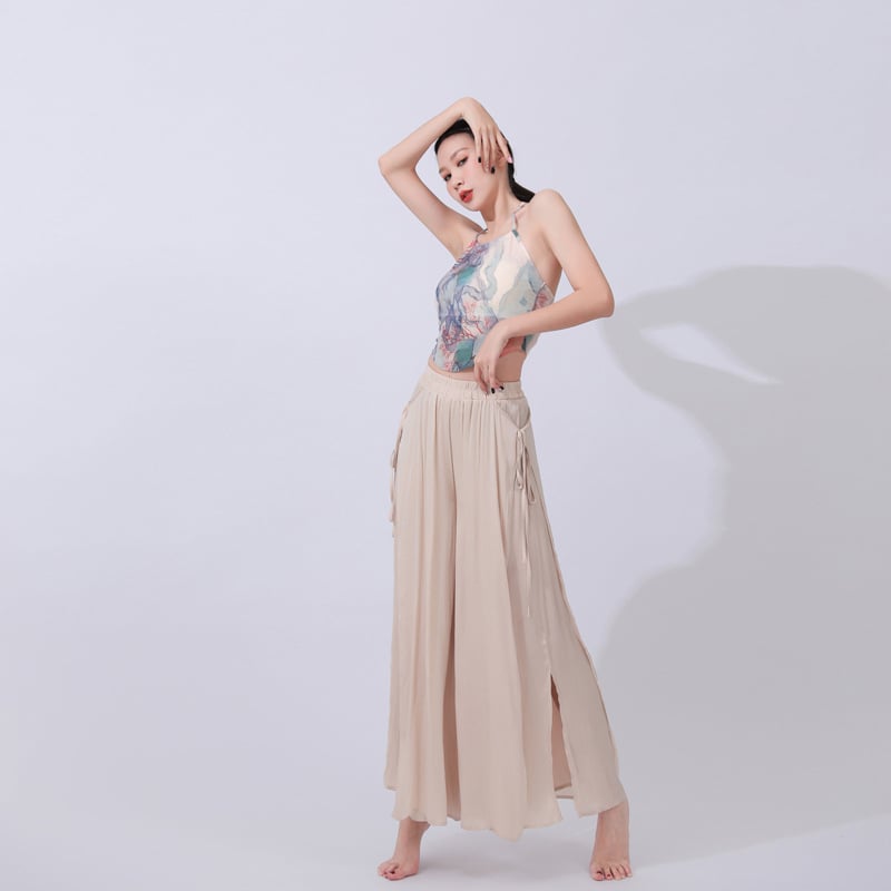 Hálózatos nyakú top és széles nadrág – táncruházat, mintázat: Solid; anyag: poliészter 95%; bélés: háló; évszakok: nyár, tavasz, ősz; alkalom: Belly Dance és színpadi előadások