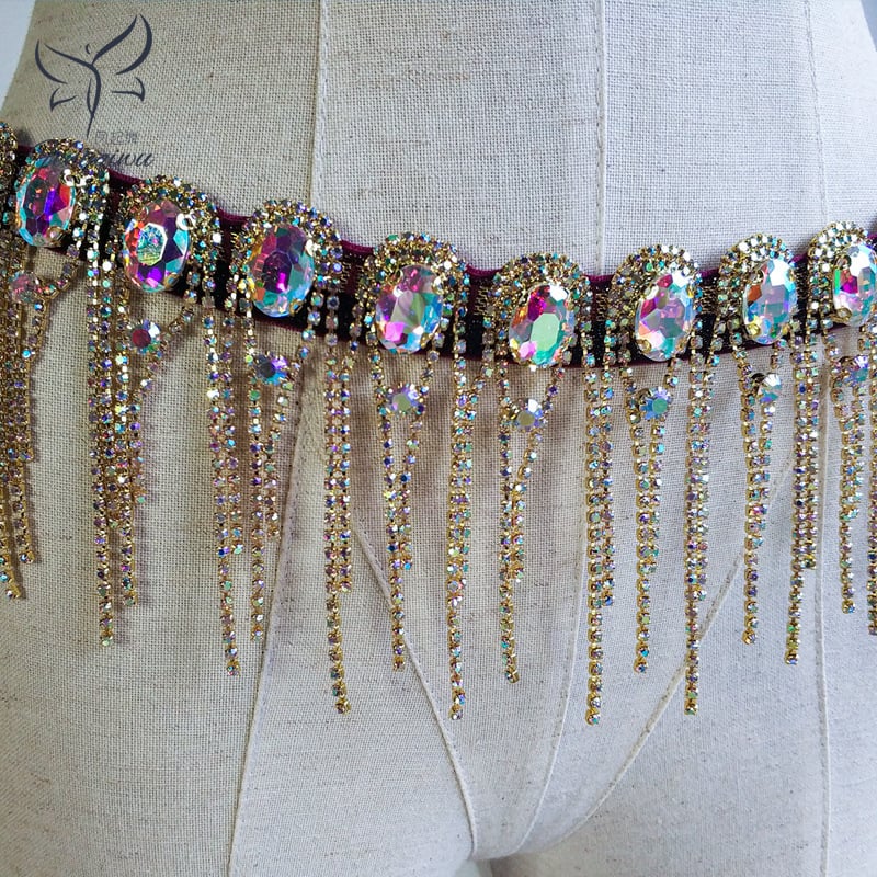 Lanț de talie pentru belly dance cu cristale și ciucuri - metal, unisex, adult, pentru practică și reprezentație, Brand Phoenix Dances