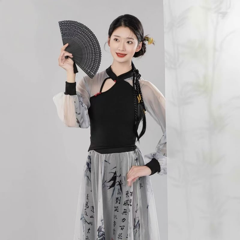 Táncruha cheongsam-stílusú galléval, karcsú szabás, áttetsző hosszú ujjak, poliészter anyag, nyár 2022, hasi táncra (poliészter; poliészter; poliészter; nyár 2022; hasi tánc)