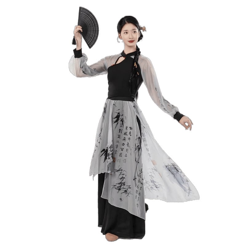 Táncruha cheongsam-stílusú galléval, karcsú szabás, áttetsző hosszú ujjak, poliészter anyag, nyár 2022, hasi táncra (poliészter; poliészter; poliészter; nyár 2022; hasi tánc)