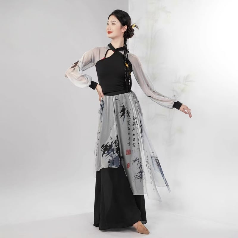 Táncruha cheongsam-stílusú galléval, karcsú szabás, áttetsző hosszú ujjak, poliészter anyag, nyár 2022, hasi táncra (poliészter; poliészter; poliészter; nyár 2022; hasi tánc)