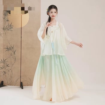 Hímzett chiffon külső köntös gradienttel átmenetes teljes szoknyával kínai tánchoz – gyakorlatruha | Anyag: chiffon/polieszter; Fő anyag: poliészter; Alkalom: belly dance; Szezon: 2022 nyár