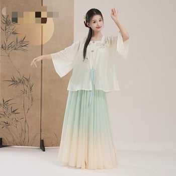 Hímzett chiffon külső köntös gradienttel átmenetes teljes szoknyával kínai tánchoz – gyakorlatruha | Anyag: chiffon/polieszter; Fő anyag: poliészter; Alkalom: belly dance; Szezon: 2022 nyár