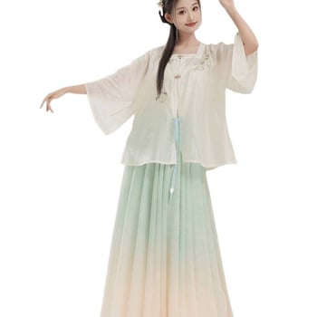 Hímzett chiffon külső köntös gradienttel átmenetes teljes szoknyával kínai tánchoz – gyakorlatruha | Anyag: chiffon/polieszter; Fő anyag: poliészter; Alkalom: belly dance; Szezon: 2022 nyár