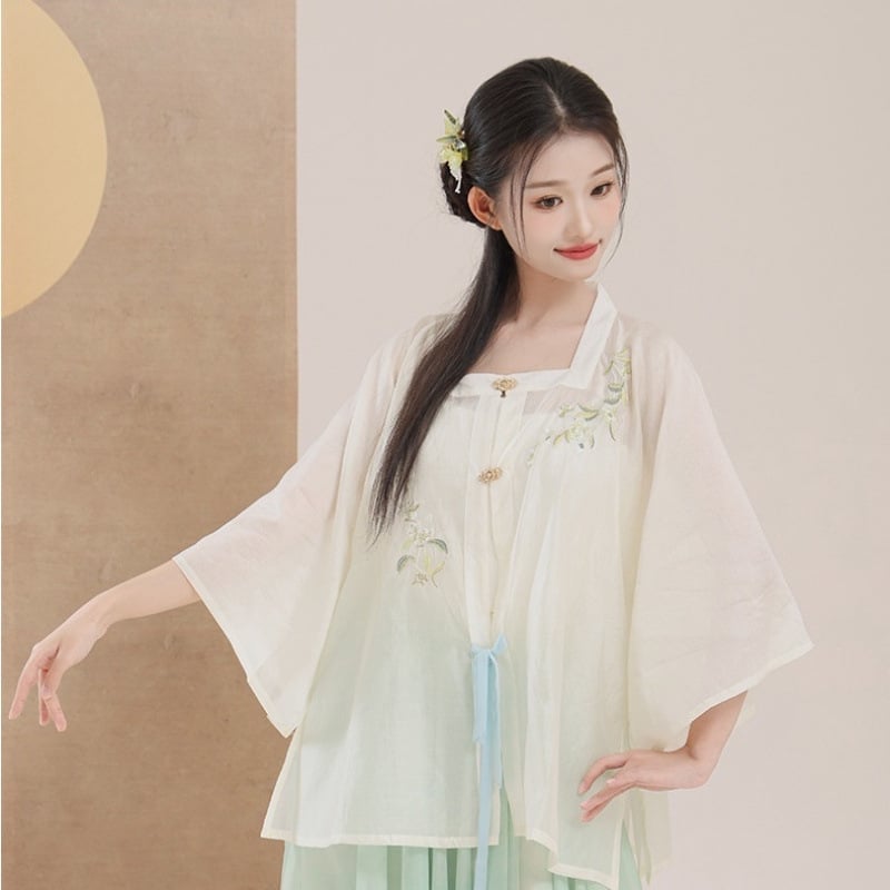 Hímzett chiffon külső köntös gradienttel átmenetes teljes szoknyával kínai tánchoz – gyakorlatruha | Anyag: chiffon/polieszter; Fő anyag: poliészter; Alkalom: belly dance; Szezon: 2022 nyár