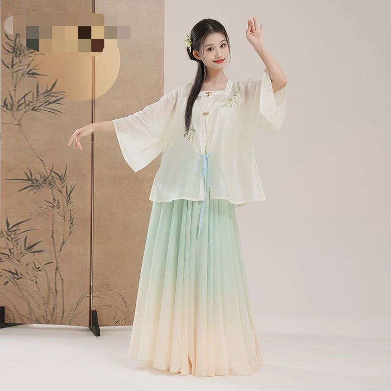 Hímzett chiffon külső köntös gradienttel átmenetes teljes szoknyával kínai tánchoz – gyakorlatruha | Anyag: chiffon/polieszter; Fő anyag: poliészter; Alkalom: belly dance; Szezon: 2022 nyár