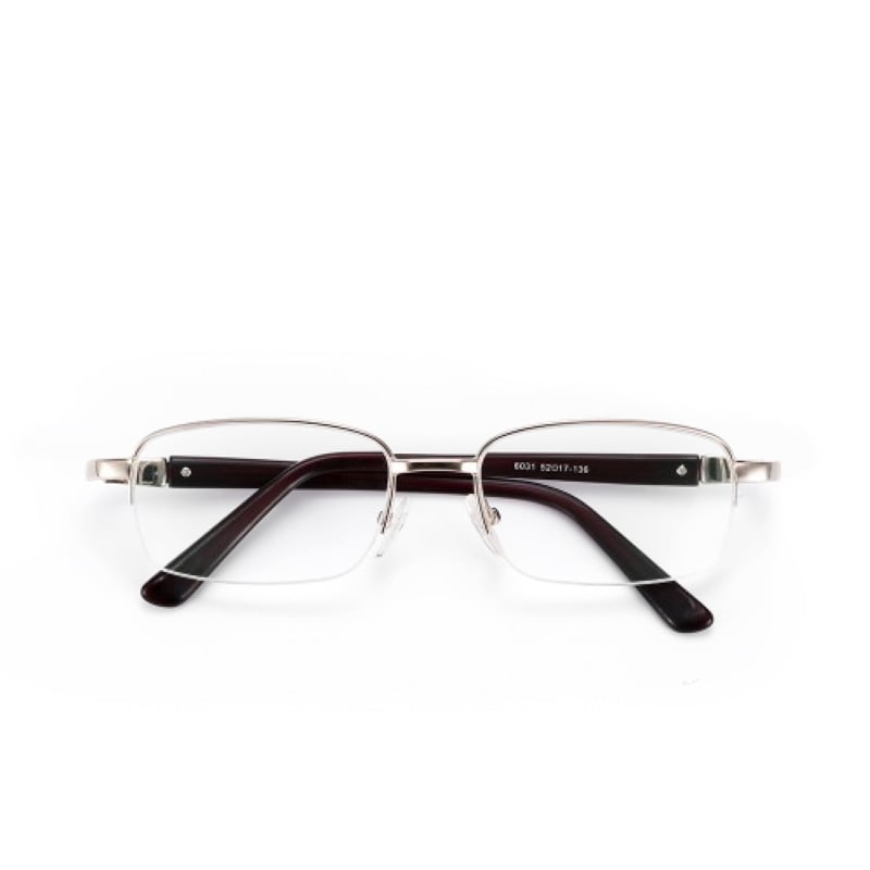 Olvasó szemüveg, akril lencsékkel, titanötvözet keret, félkeretes dizájn, négyszögletes forma, közelre és távolra látásra