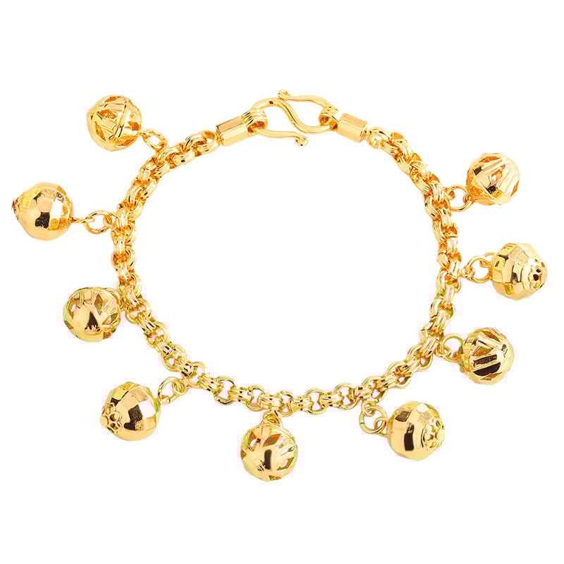 18K aranyozott réz karkötő lógó érmekkel és harangokkal hasi tánchoz – hullámos, egzotikus kézre szabott ékszer