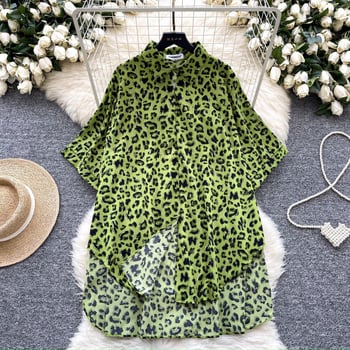 Női leopard mintás poloing rövid ujjú, poliészter, hátul hosszabb szabásvonal, preppy stílus, nyár 2025