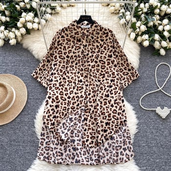 Női leopard mintás poloing rövid ujjú, poliészter, hátul hosszabb szabásvonal, preppy stílus, nyár 2025