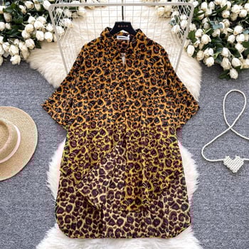 Női leopard mintás poloing rövid ujjú, poliészter, hátul hosszabb szabásvonal, preppy stílus, nyár 2025