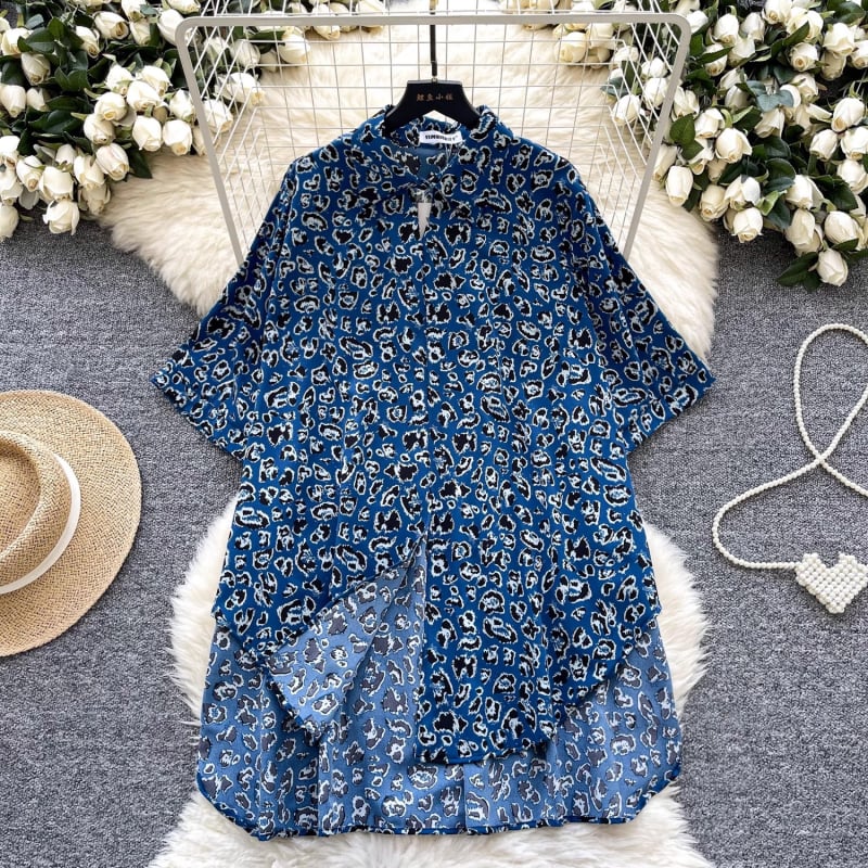 Női leopard mintás poloing rövid ujjú, poliészter, hátul hosszabb szabásvonal, preppy stílus, nyár 2025