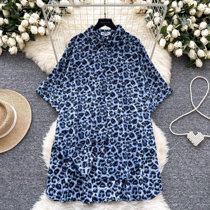 Női leopard mintás poloing rövid ujjú, poliészter, hátul hosszabb szabásvonal, preppy stílus, nyár 2025