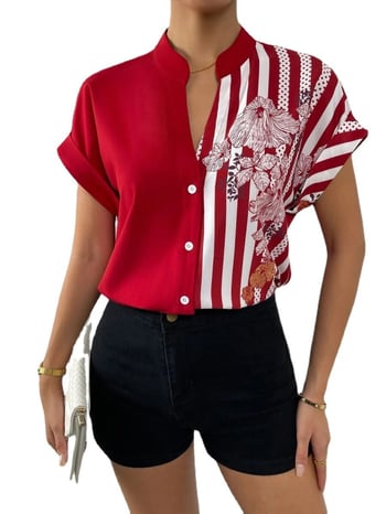 Kardigán városi stílusban virágmintával, rövid ujjú, V-nyakú, digitális nyomtatás