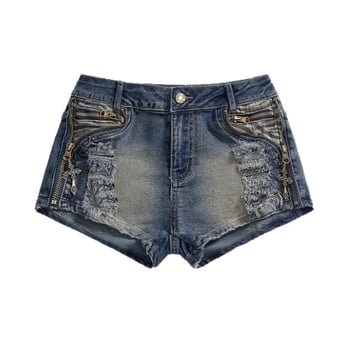 Denim rövidnadrág, középmagas derekú, slim fit, patchwork dizájn, 90-95% pamut-denim, enyhe rugalmasság, street style