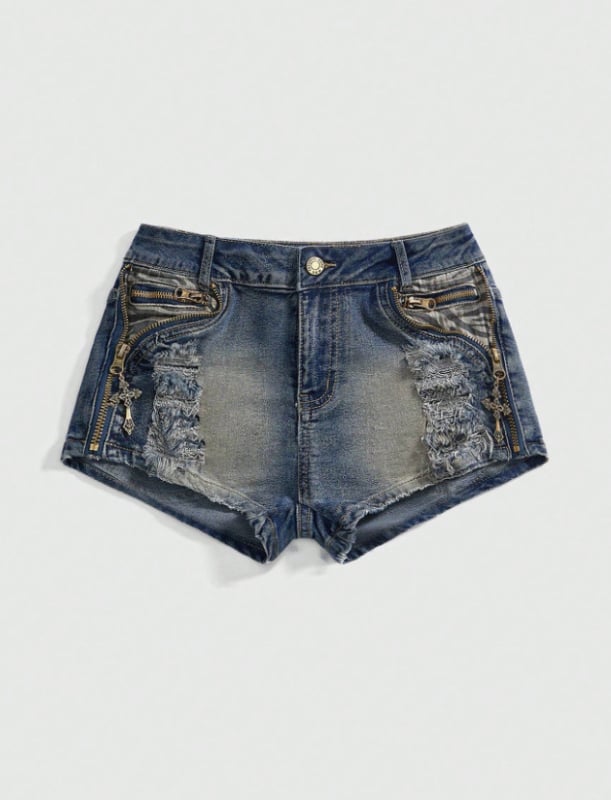 Denim rövidnadrág, középmagas derekú, slim fit, patchwork dizájn, 90-95% pamut-denim, enyhe rugalmasság, street style