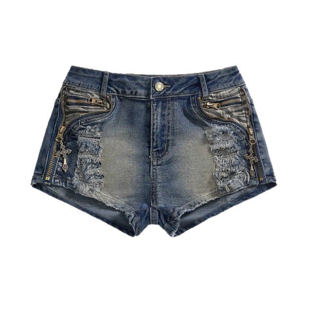 Denim rövidnadrág, középmagas derekú, slim fit, patchwork dizájn, 90-95% pamut-denim, enyhe rugalmasság, street style