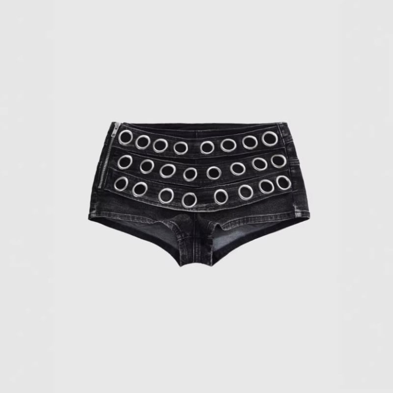 Denim rövidnadrág, középmagas derekú, slim fit, patchwork dizájn, 90-95% pamut-denim, enyhe rugalmasság, street style