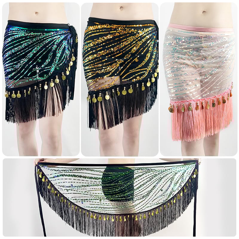 Centură talie pentru belly dance cu ciucuri și șal cu paiete, Primăvara 2025, poliester >95%, broderie, stil sexy urban