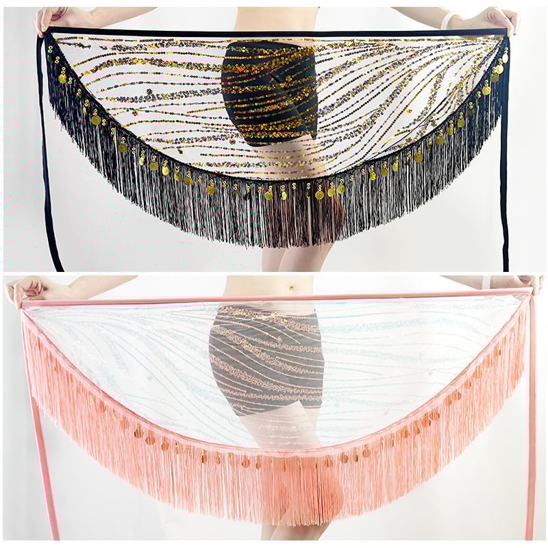 Centură talie pentru belly dance cu ciucuri și șal cu paiete, Primăvara 2025, poliester >95%, broderie, stil sexy urban