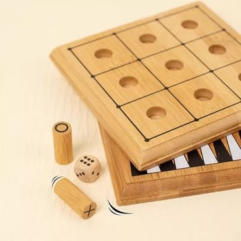Fából készült asztali játék sakk, XO és dáma mini hordozható játéktáblával; 4–14 éves gyerekeknek; modell mkx-Pocket Game Chess