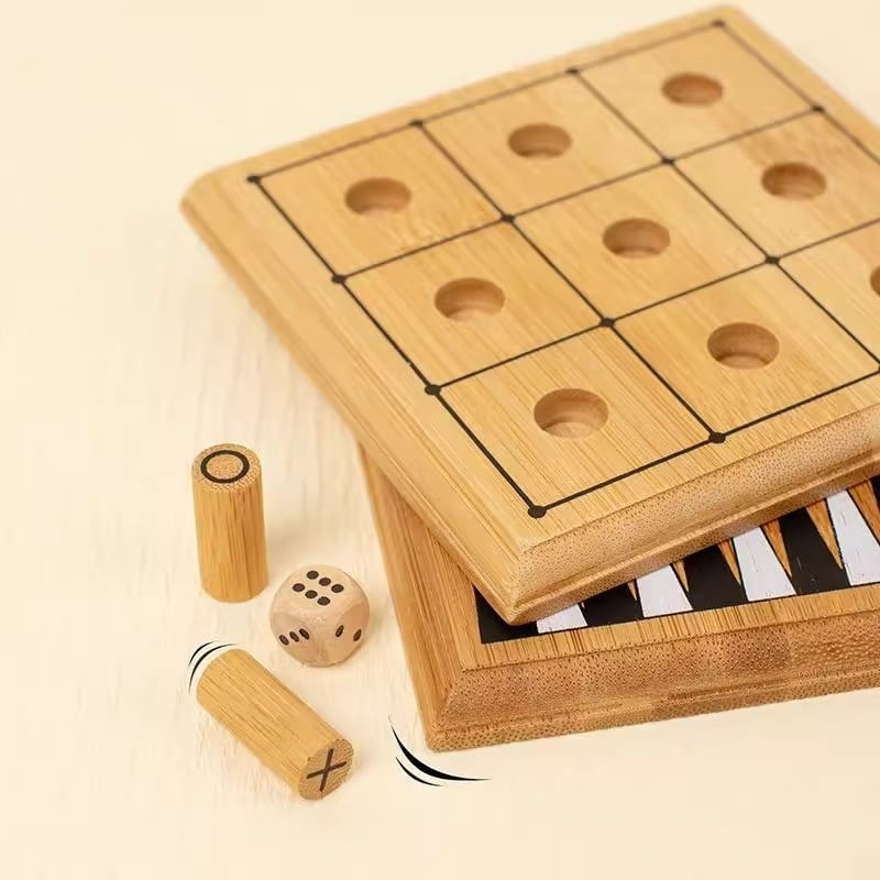 Fából készült asztali játék sakk, XO és dáma mini hordozható játéktáblával; 4–14 éves gyerekeknek; modell mkx-Pocket Game Chess