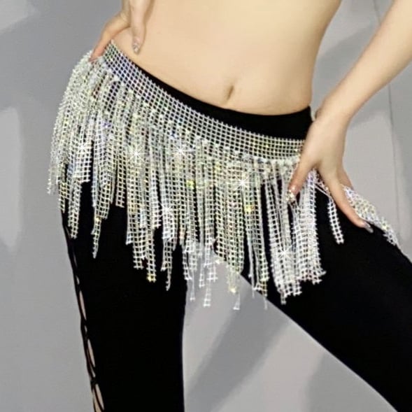 Csípőöv hastánchoz strasszokkal és bojtokkal, többszintű derékszalag, 100% poliészter