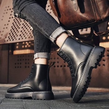 Férfi Martin csizmák, PU felsőrész, gumírozott talp, középmagas szár, brit stílus, pamut bélés