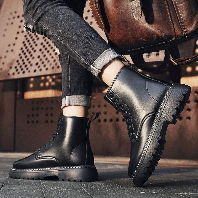 Férfi Martin csizmák, PU felsőrész, gumírozott talp, középmagas szár, brit stílus, pamut bélés