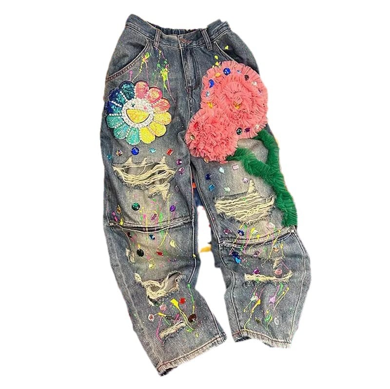 Denim nadrág, magas derekú, egyenes szabás, gyöngyös díszítés, mikro-elasztikusság