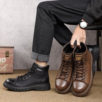 Férfi Martin csizmák télre: retro stílusú bőr csizma, gumitalp, PU talpabetét, PU belső bélés