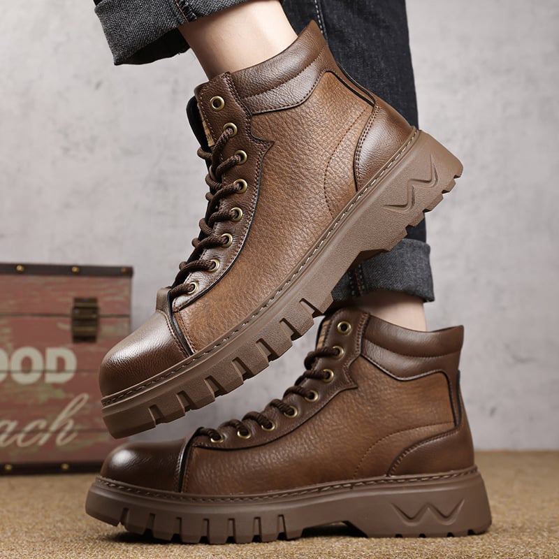 Férfi Martin csizmák télre: retro stílusú bőr csizma, gumitalp, PU talpabetét, PU belső bélés